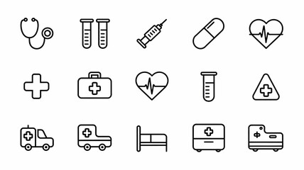 Healthcare icon collection. simple medical symbols: stethoscope, syringe, heart, doctor
