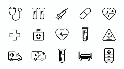 Healthcare icon collection. simple medical symbols: stethoscope, syringe, heart, doctor
