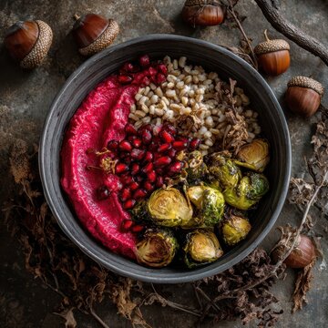 Vegan harvest bowl with barley, roasted Brussels sprouts, pomegranate seeds, beet hummus