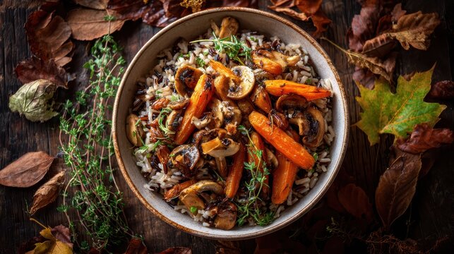Vegan autumn bowl with wild rice, saut&eacute;ed mushrooms, roasted carrots and fresh herbs