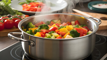 Simmering pot of chopped vegetables on stove