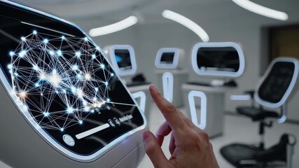Laboratory technician manipulating a futuristic touchscreen, displaying an intricate 3d model of a neural network, potentially simulating brain activity or artificial intelligence algorithms - Powered by Adobe