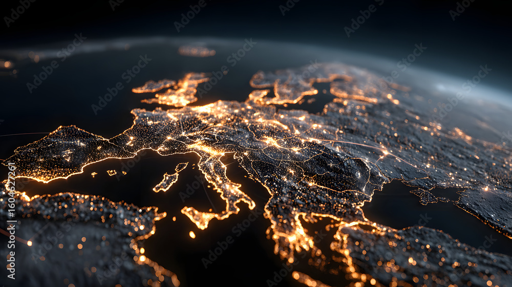 Poster europe-focused digital earth view with glowing connection lines symbolizing global data exchange.