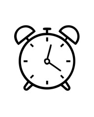 Simple outline drawing of a classic alarm clock with bells