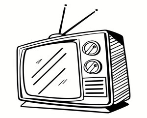 Retro television set with antenna and knobs drawn in black and white
