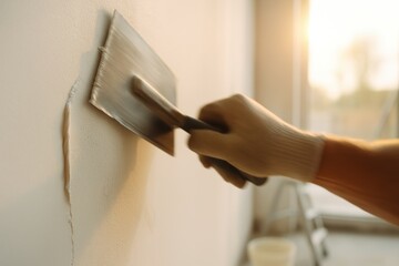 Worker’s gloved hand using trowel to smooth plaster on wall surface for interior finishing during construction