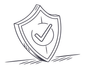 Hand drawn sketch of a shield with a checkmark symbolizing security and approval
