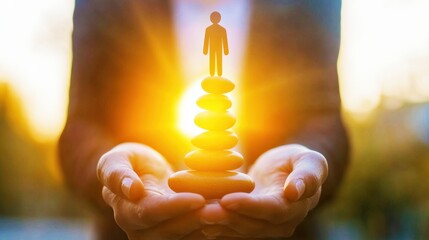 Hands holding stacked stones with a small figure on top, symbolizing balance, achievement, and personal growth in a serene sunset setting