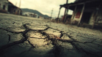 Obraz premium Cracked earth road, dilapidated building