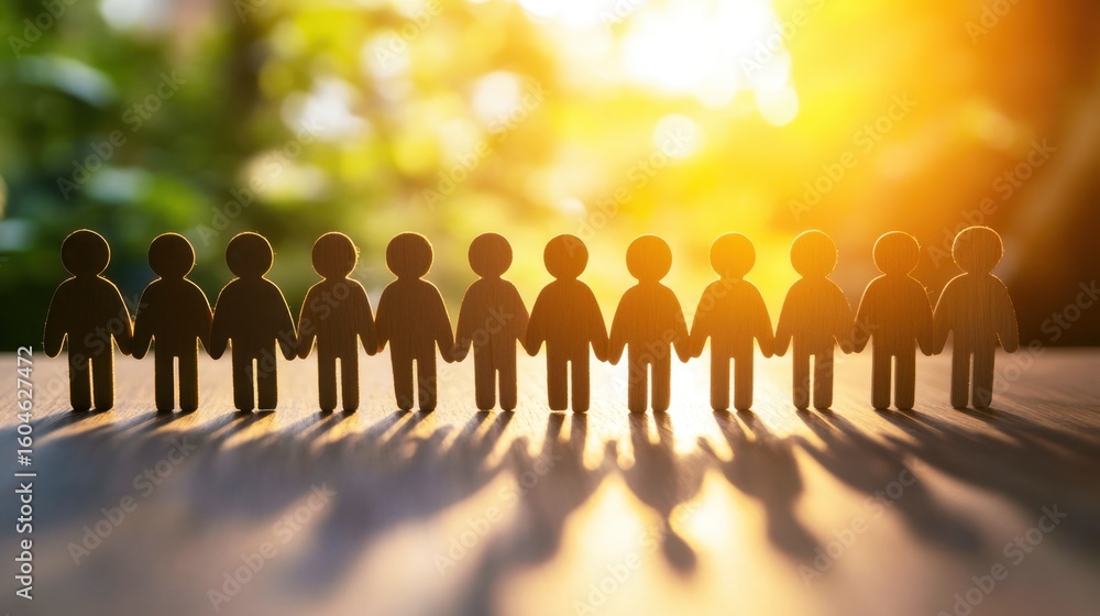 Poster diverse group of paper cutout figures holding hands in unity against a soft glowing background symbo