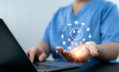 Medical professional presenting patient satisfaction icon with five-star rating, healthcare...