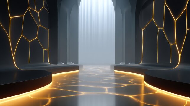 Futuristic Throne Room with Dark Walls and Glowing Golden Lines in a Misty Atmosphere