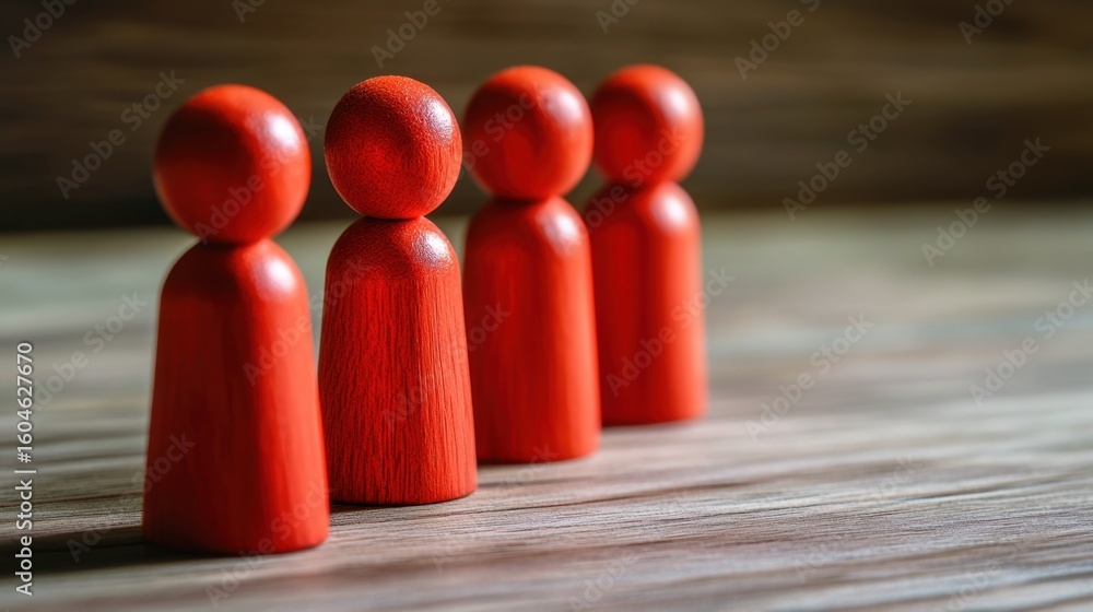 Poster wooden figurines representing community and teamwork, arranged in a thoughtful line on a rustic wood