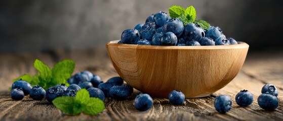 The vibrant blueberries nestled in a rustic wooden bowl with fresh mint.