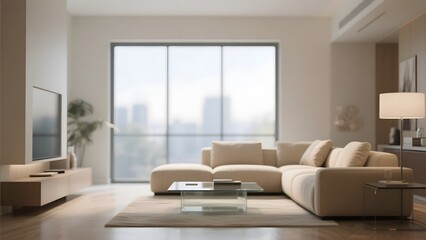 Fototapeta premium Modern Living Room with Large Windows and City View