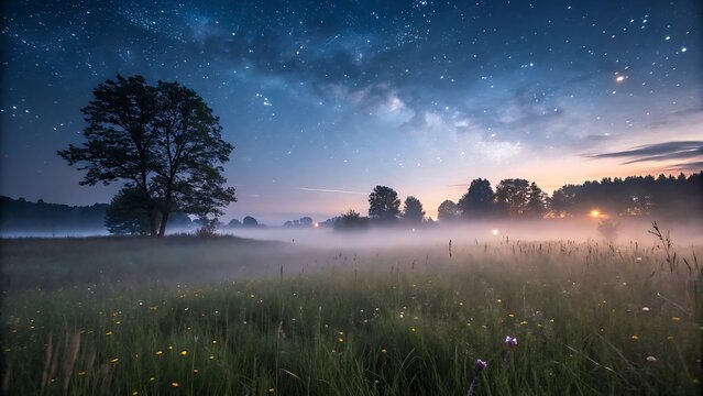 Misty meadow under a starry night sky with a lone tree