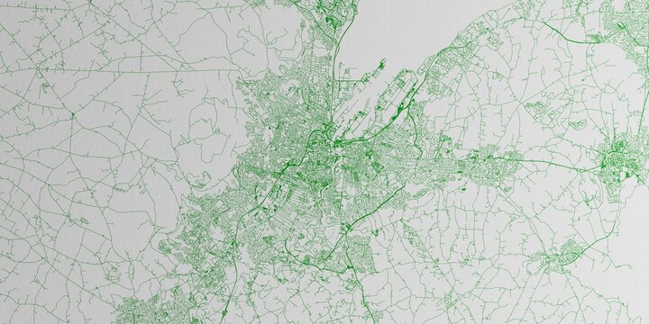 Belfast (United Kingdom) street map. The style of the map is green ink