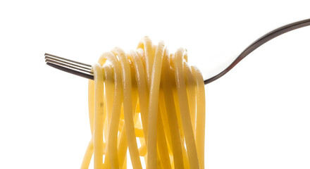 Close up of spaghetti noodles twirled on a silver metal fork    .ai generative, transparent background, white background. isolated on white background
