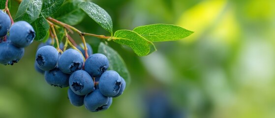 The vibrant blueberries hanging on a branch surrounded by lush green leaves