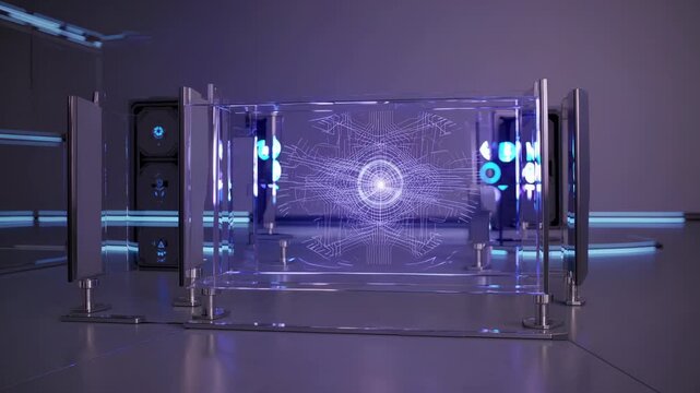 Complex energy patterns and data streams pulsate within a futuristic glass display, illuminated by dynamic lighting effects in a sleek, technological environment