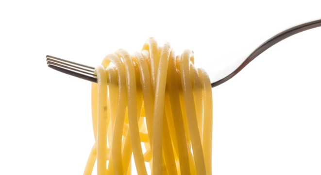 Close up of spaghetti noodles twirled on a silver metal fork    .ai generative, transparent background, white background. isolated on white background
