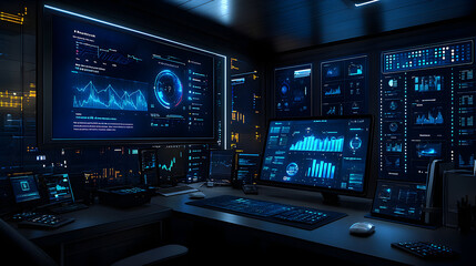 A dark room with multiple computer monitors displaying data graphs and charts.