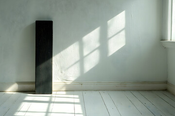 Obraz premium A dark rectangular object standing in a white room with sunlight streaming through windows.