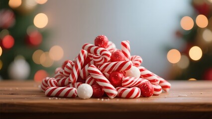 A festive pile of red and white candy canes with round candies, set against a blurred Christmas tree background.