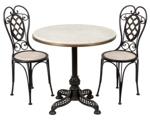 Elegant bistro set with marble table and ornate chairs for intimate dining experiences or cafe ambiance