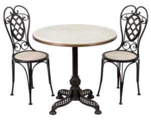 Elegant bistro set with marble table and ornate chairs for intimate dining experiences or cafe ambiance
