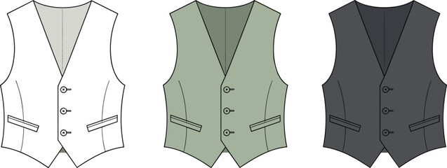 Men’s formal waistcoat flat sketch in three color variations, vector fashion CAD template with buttons and front pockets design