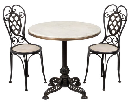 Elegant bistro set with marble table and ornate chairs for intimate dining experiences or cafe ambiance