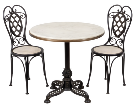 Elegant bistro set with marble table and ornate chairs for intimate dining experiences or cafe ambiance