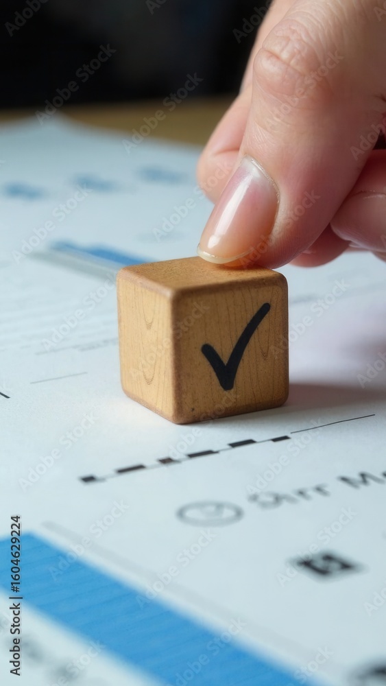 Poster document review process and quality control concept. hand placing checkmark. wooden blocks document 