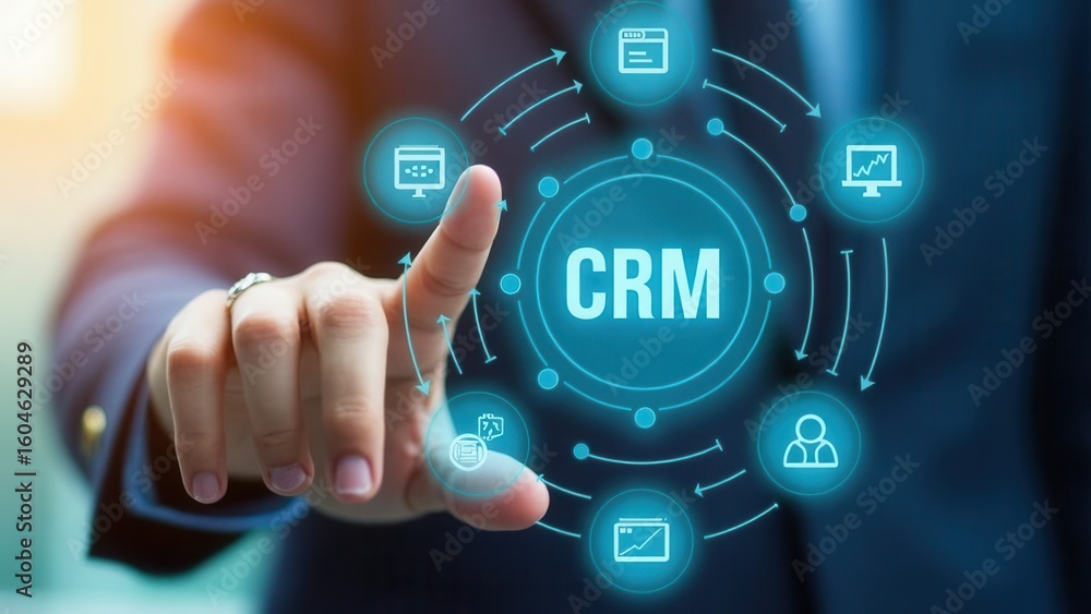 Poster crm system for customer relationship management. a person interacts with crm interface icons for sup