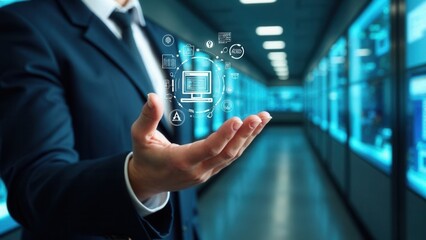 Facility Management Digital Transformation Concept. Business professional presents futuristic facility management system with icon representing maintenance, automation.