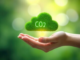 Reducing CO2 Emissions and Promoting Sustainability Concept. A hand holds green CO2 cloud icon with environmental symbols, such as solar, wind turbines, and recycling. Reduce carbone dioxide.