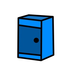 Blue box with a door at the bottom. Safe, ballot box, refrigerator, cupboard.