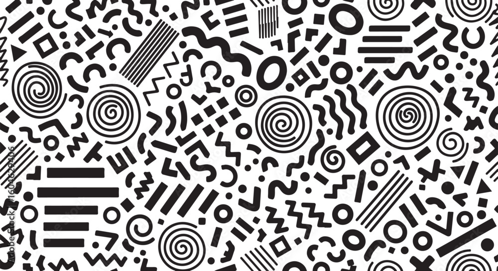 Poster abstract memphis style geometric pattern with swirls and lines isolated on transparent background