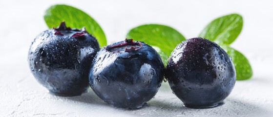 The vibrant blueberries glistening with fresh droplets and green leaves.
