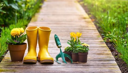 yellow boots gardening tools and flower pots along a wooden path in garden