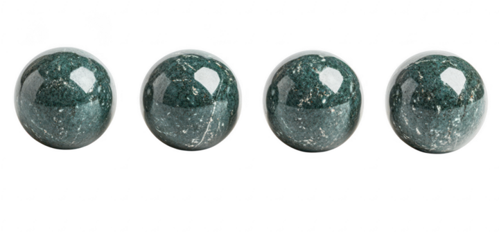 Four green marble spheres in a row on transparent png background