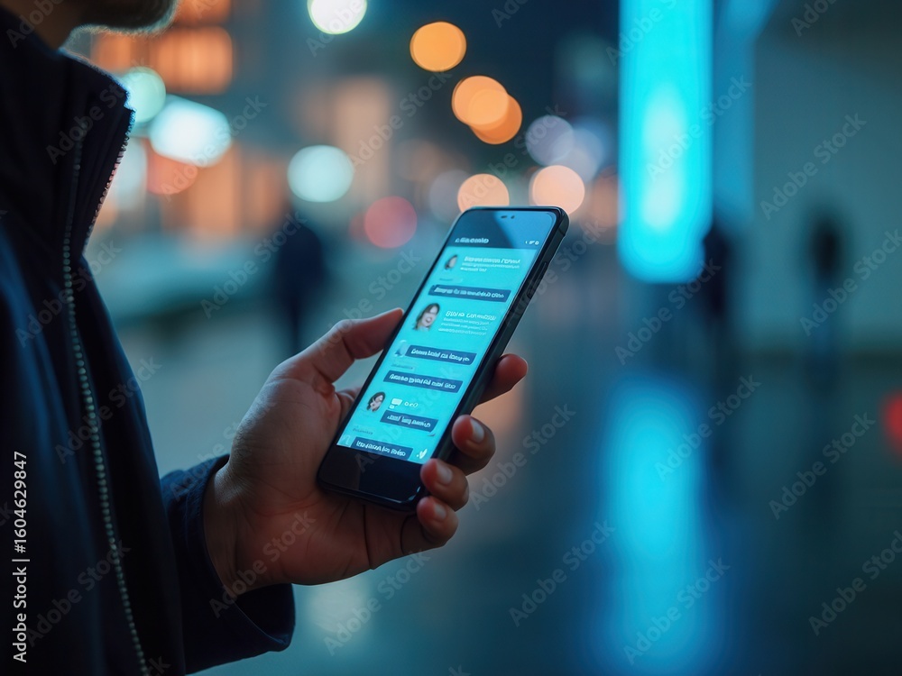 Poster ai chatbot and voice assistant communication concept. a person interacts with smartphone digital cha