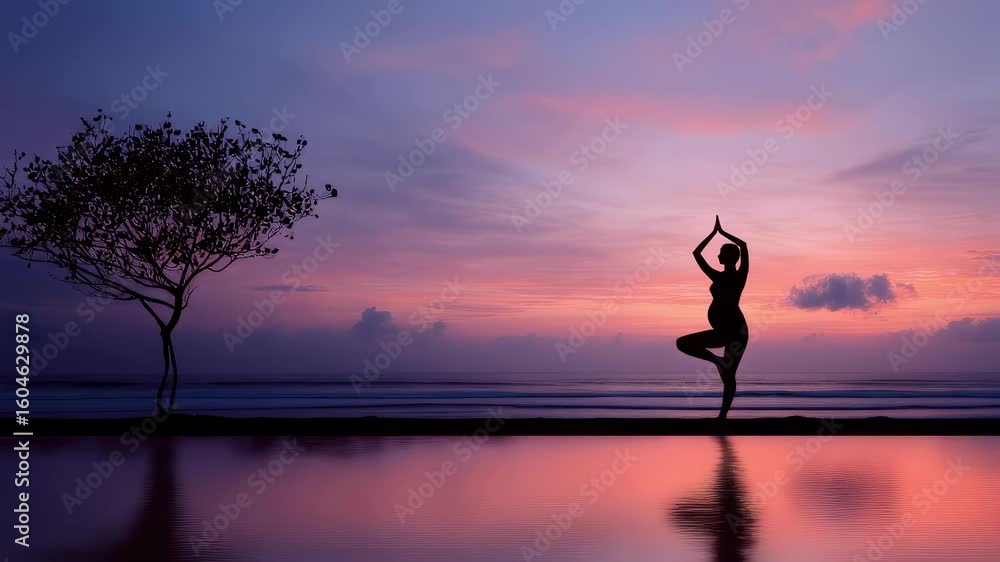 Poster stunning artistic silhouette of a pregnant yogi practicing tree pose on a tranquil beach at dawn. th