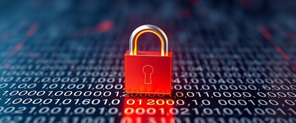 Digital Lock on Binary Code Background | Cybersecurity Concept with Padlock and Data | Secure Data Representation with Lock and Code | Encryption Symbol: Lock on Binary Numbers
