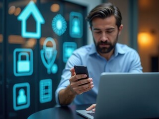 Scam Alert Warning with Cybersecurity Icons. Man holding smartphone while using laptop, warning sign for scams with icons online threats, phishing, cybersecurity.