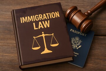 Immigration law and passport with gavel on wooden desk