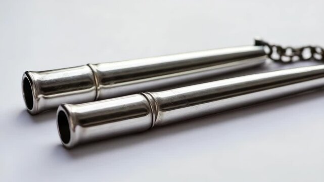 Close-up of metal nunchucks with white background