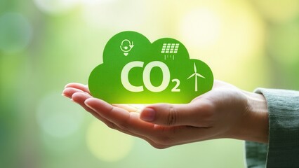 Reducing CO2 Emissions and Promoting Sustainability Concept. A hand holds green CO2 cloud icon with environmental symbols, such as solar, wind turbines, and recycling. Reduce carbone dioxide.