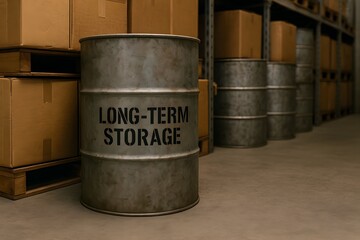 A metal barrel with 'Long-term storage' written on it, and stacked boxes in warehouse. The scene evokes a sense of safekeeping and order, suggesting the secure preservation of goods and inventory